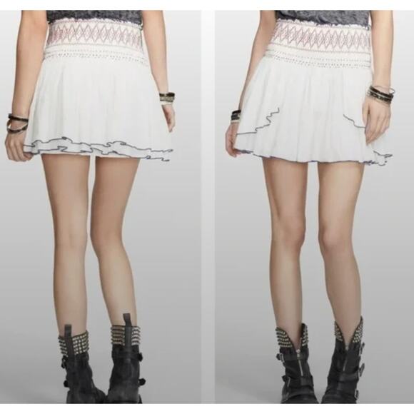 Free People Dresses & Skirts - Free People Lip Smocking Good Mini Skirt S Boho White Beaded Smocked Hem Fairy